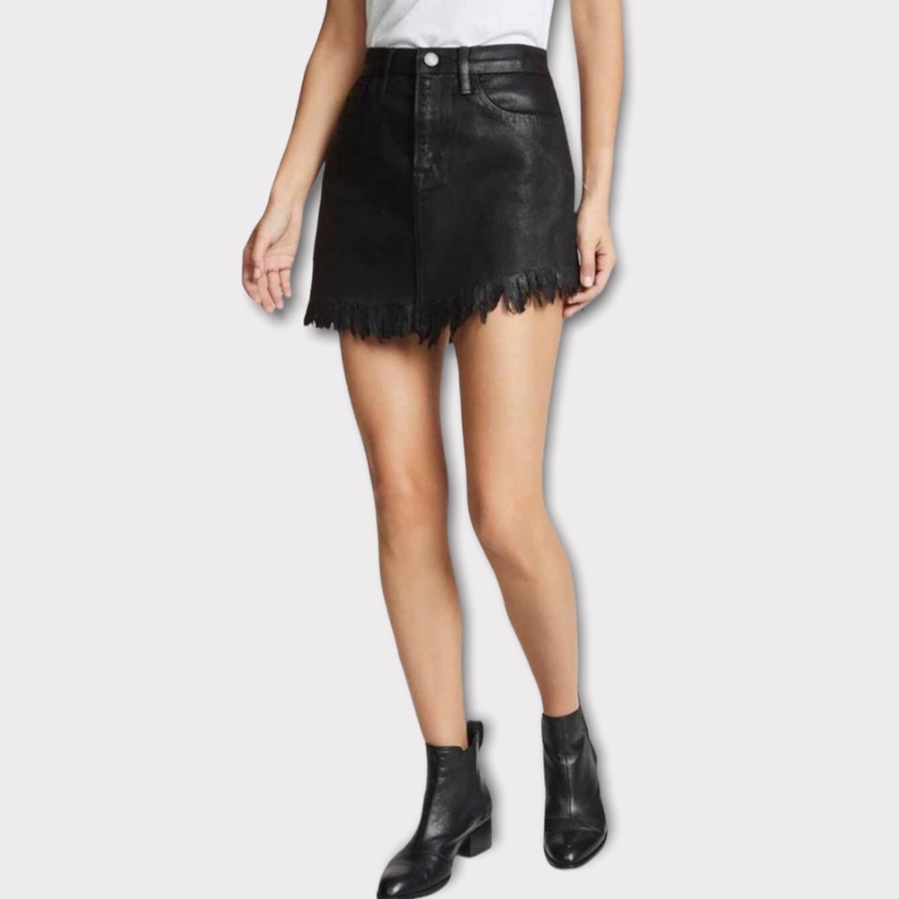 Etienne Marcel Denim Black Frayed Assymmetric Scallop Jean Mini Skirt Size 28 - Picture 2 of 10